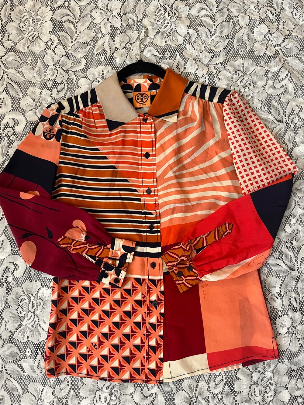 Tory Burch 100% Silk Angelique Tamarind Collage Button Up Shirt